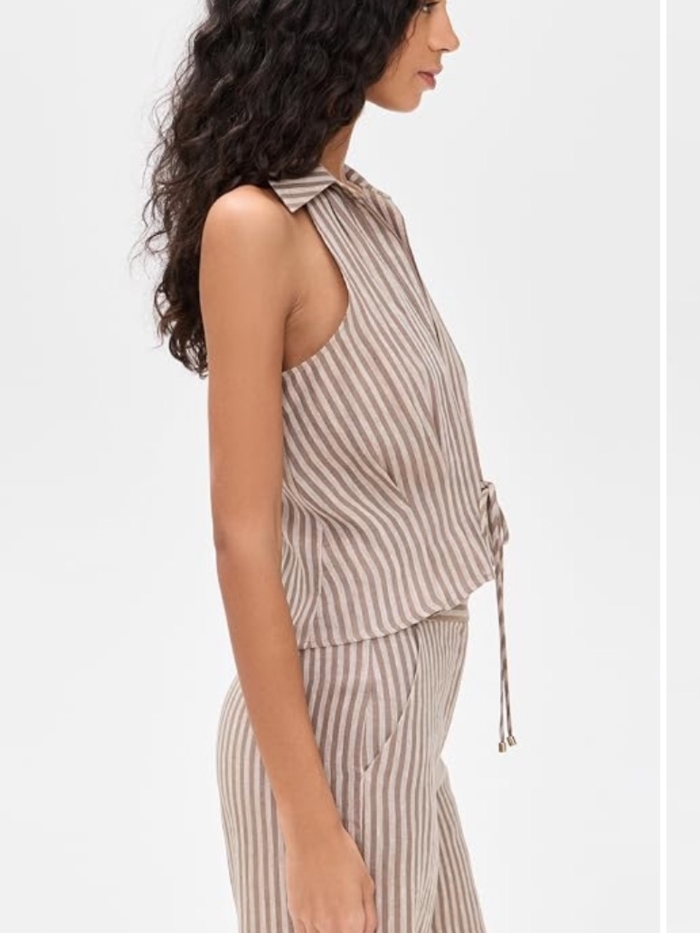 NWT Hevron Sleeveless Drawstring Linen Top in Chocolate Stripe - Picture 3 of 6